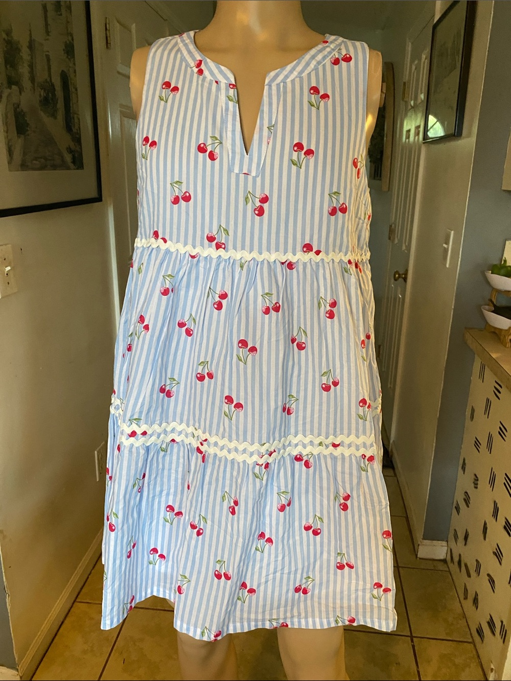 Rachel Zoe nwt blue Stripe Cherry Print Sleeveless Dress